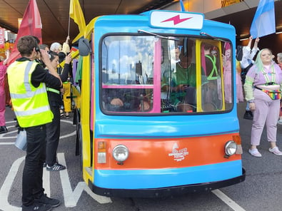 The Birmingham Pride milk float hire, as seen from the front at the Pride parade.