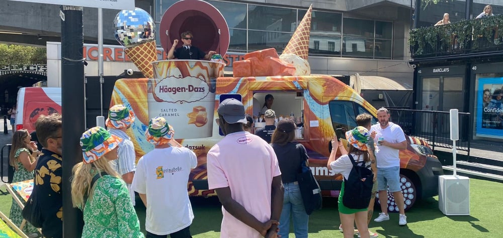 The Haagen Dazs van with a crowd, courtesy of our campaign logistics services.