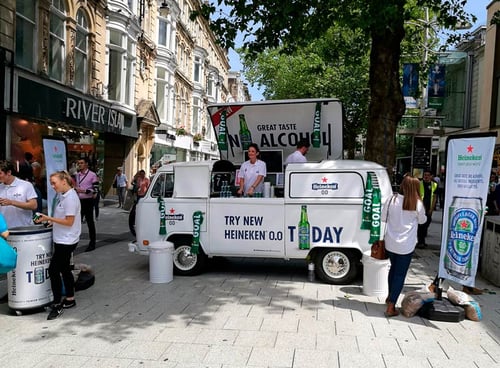 Heineken camper van set up in town high street - a top product sampling location