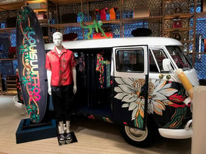 Louis Vuitton surfer VW camper van hire vibrant multicoloured flower pattern