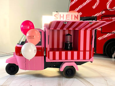 A studio image of the SHEN branded Piaggio Ape for their Xmas seasonal campaign