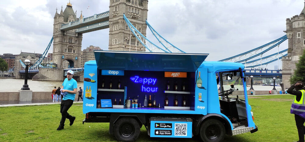 The Zappy vehicle near Tower Bridge for a brand experience